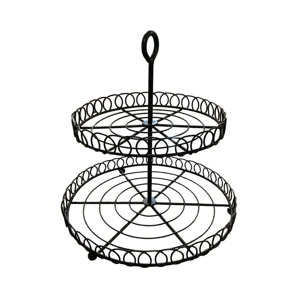 Vintage Black Wrought Iron 2 Tiered Server Wire Fruit Basket Farmhouse Decor